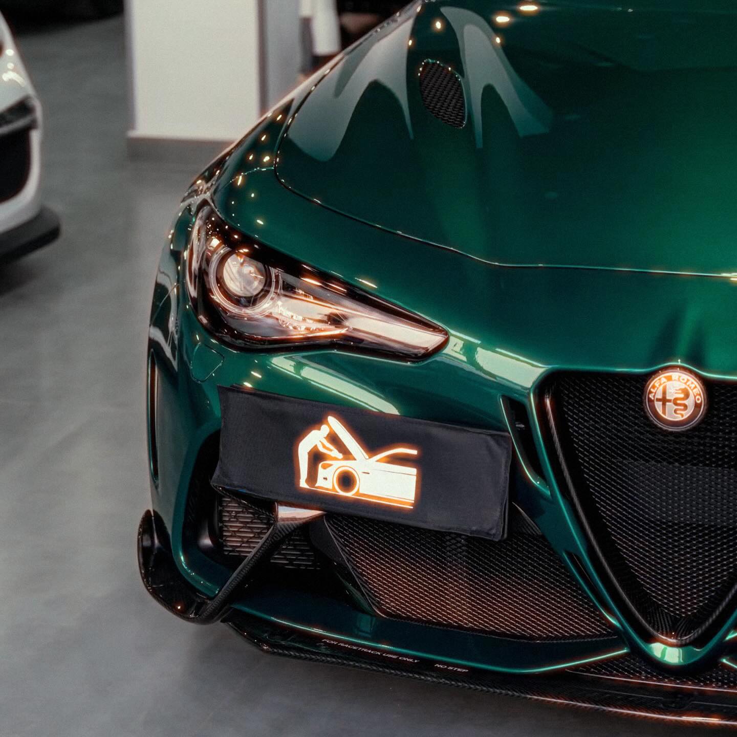 绿色 Alfa Romeo 的前灯与格栅细节